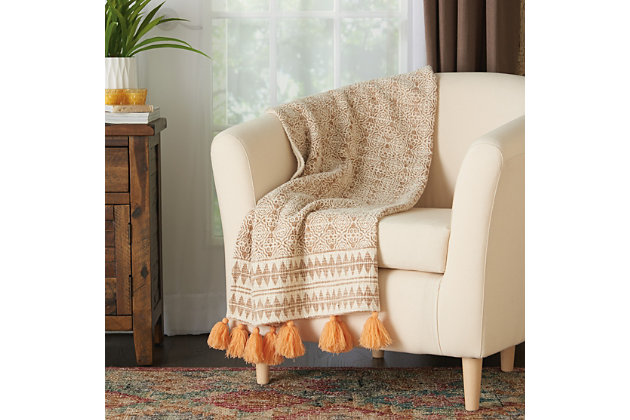 Made from 100 percent cotton with a high-end design, look and feel, this moroccan-inspired loop shag throw in a natural-tone pattern is super soft, warm and extremely cozy. It's large enough to use as a blanket and stylish enough to use as an accent piece.Hand- and machine-made from 100% cotton | Natural-tone pattern | Imported