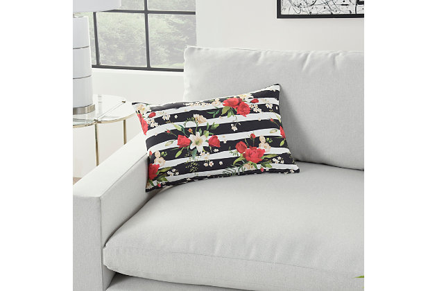 Bright red roses and creamy white flowers on bold stripes bring a fresh look to your favorite indoor or outdoor location. Reversing to a lively zebra-stripe pattern, this handmade mina victory home accents throw pillow doubles the fun. The rectangular pillow is made with soft polyfill and a zipper closure.Handcrafted from 100% polyester | Soft polyfill | Indoor/outdoor | Striped floral print; reverses to zebra-stripe pattern | Spot clean | Zipper closure | Imported