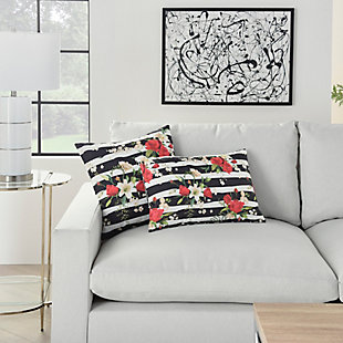 Bright red roses and creamy white flowers on bold stripes bring a fresh look to your favorite indoor or outdoor location. Reversing to a lively zebra-stripe pattern, this handmade mina victory home accents throw pillow doubles the fun. The rectangular pillow is made with soft polyfill and a zipper closure.Handcrafted from 100% polyester | Soft polyfill | Indoor/outdoor | Striped floral print; reverses to zebra-stripe pattern | Spot clean | Zipper closure | Imported