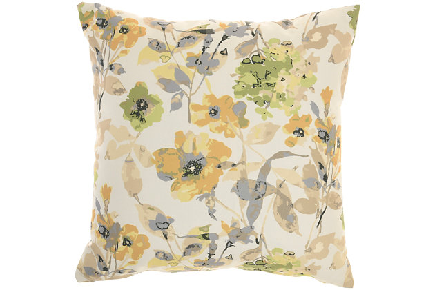 Fresh spring florals burst into multicolored bloom on this handmade indoor/outdoor pillow from mina victory home accents. Reversing to a green raindrop print, it’s a delightfully refreshing look for your balcony, patio, pool, deck or indoor space. The accent pillow is made with soft polyfill and a zipper closure.Handcrafted from 100% polyester | Soft polyfill | Indoor/outdoor | Floral pattern; reverses to green raindrop print | Spot clean | Zipper closure | Imported