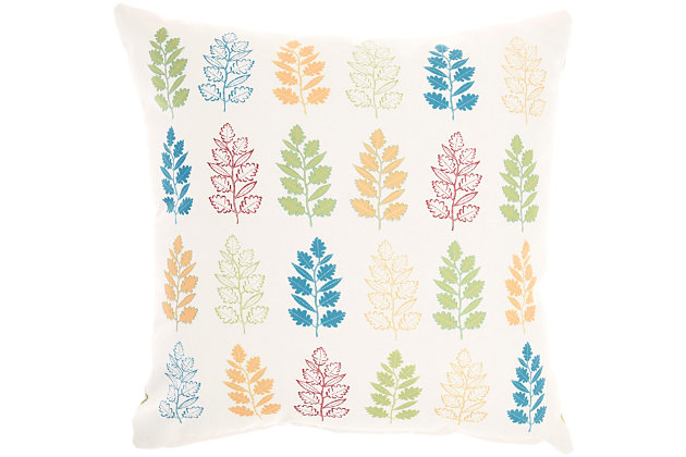 Sprigs of leaves in subtle multicolor bring contemporary botanical chic to your balcony, deck or indoor seating area. This handmade indoor/outdoor pillow from mina victory home accents reverses to chevron stripes in a soft sage green for twice the style. The accent pillow is made with soft polyfill and a zipper closure.Handcrafted from 100% polyester | Soft polyfill | Indoor/outdoor | Multicolor leaf sprigs; reverses to sage green chevron stripes | Spot clean | Zipper closure | Imported