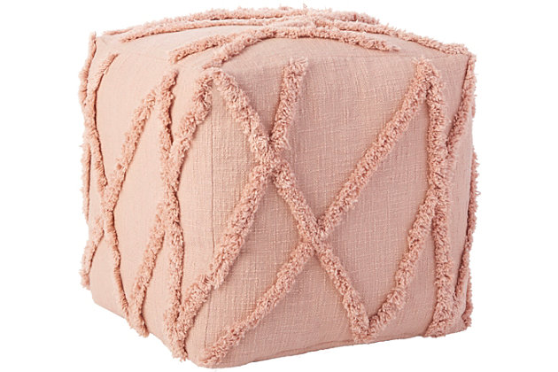 When you're settling in with your favorite book or tv show, or when you need an extra seat in a pinch, this mina victory abstract pouf is an ideal choice. The perfect height to prop your feet up, its tufted design adds a delightful textural element that doubles as a sophisticated accent. This blush pink pouf is handmade of thick cotton with a comfortable-yet-sturdy polyfill. Coordinate with the matching throw pillow and blanket for a more cohesive look.Handcrafted from 100% cotton | Soft-yet-sturdy polyfill | Tufted abstract design | Doubles as a sophisticated accent | Imported