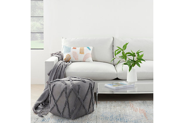 When you're settling in with your favorite book or tv show, or when you need an extra seat in a pinch, this mina victory abstract pouf is an ideal choice. The perfect height to prop your feet up, its tufted design adds a delightful textural element that doubles as a sophisticated accent. This neutral gray pouf is handmade of thick cotton with a comfortable-yet-sturdy polyfill. Coordinate with the matching throw pillow and blanket for a more cohesive look.Handcrafted from 100% cotton | Soft-yet-sturdy polyfill | Tufted abstract design | Doubles as a sophisticated accent | Imported