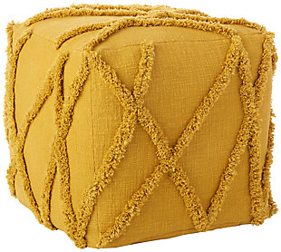 When you're settling in with your favorite book or tv show, or when you need an extra seat in a pinch, this mina victory abstract pouf is an ideal choice. The perfect height to prop your feet up, its tufted design adds a delightful textural element that doubles as a sophisticated accent. This mustard yellow pouf is handmade of thick cotton with a comfortable-yet-sturdy polyfill. Coordinate with the matching throw pillow and blanket for a more cohesive look.Handcrafted from 100% cotton | Soft-yet-sturdy polyfill | Tufted abstract  design | Doubles as a sophisticated accent | Imported