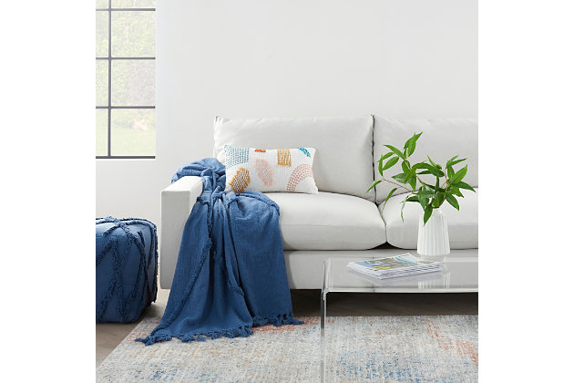 Handmade of soft cotton fibers with a thickly tufted abstract diamond pattern, this blue mina victory throw blanket is a sophisticated accent piece that you’ll love to drape around you on chilly nights. Sized right for cuddling, it coordinates beautifully with the matching throw pillow and pouf.Handcrafted from 100% cotton | Thickly tufted abstract diamond pattern | Sophisticated accent piece | Imported