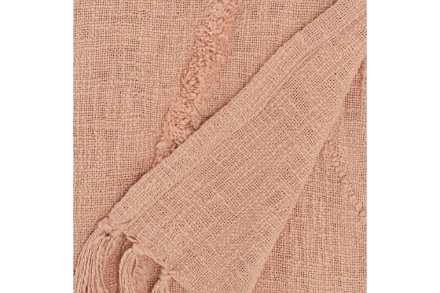 Handmade of soft cotton fibers with a thickly tufted abstract diamond pattern, this blush pink mina victory throw blanket is a sophisticated accent piece that you’ll love to drape around you on chilly nights. Sized right for cuddling, it coordinates beautifully with the matching throw pillow and pouf.Handcrafted from 100% cotton | Thickly tufted abstract diamond pattern | Sophisticated accent piece | Imported