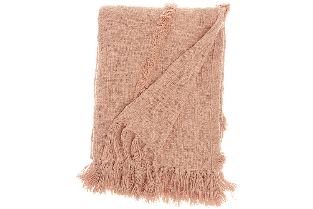 Handmade of soft cotton fibers with a thickly tufted abstract diamond pattern, this blush pink mina victory throw blanket is a sophisticated accent piece that you’ll love to drape around you on chilly nights. Sized right for cuddling, it coordinates beautifully with the matching throw pillow and pouf.Handcrafted from 100% cotton | Thickly tufted abstract diamond pattern | Sophisticated accent piece | Imported