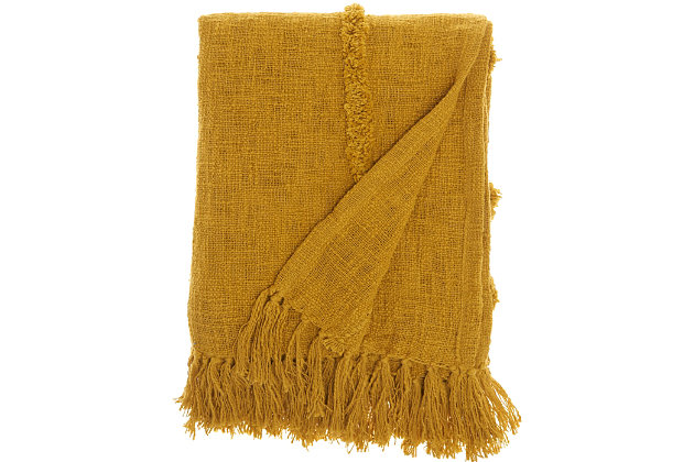Handmade of soft cotton fibers with a thickly tufted abstract diamond pattern, this mustard yellow mina victory throw blanket is a sophisticated accent piece that you’ll love to drape around you on chilly nights. Sized right for cuddling, it coordinates beautifully with the matching throw pillow and pouf.Handcrafted from 100% cotton | Thickly tufted abstract diamond pattern | Sophisticated accent piece | Imported