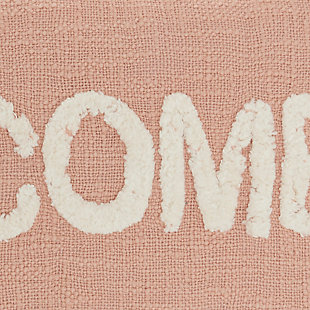 Add a cozy note of welcome with this decorative throw pillow from mina victory home accents. It’s handmade with a softly tufted word graphic on a textured cotton cover, and filled to perfect plumpness. This playful pillow, crafted in blush pink with white embellishment, includes a zipper closure with soft polyfill insert.Handcrafted from 100% cotton | Soft polyfill | Softly tufted lettering | Zipper closure | Spot clean | Imported