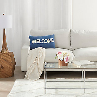 Add a cozy note of welcome with this decorative throw pillow from mina victory home accents. It’s handmade with a softly tufted word graphic on a textured cotton cover, and filled to perfect plumpness. This playful pillow, crafted in blue with white embellishment, includes a zipper closure with soft polyfill insert.Handcrafted from 100% cotton | Soft polyfill insert | Softly tufted lettering | Zipper closure | Spot clean | Imported