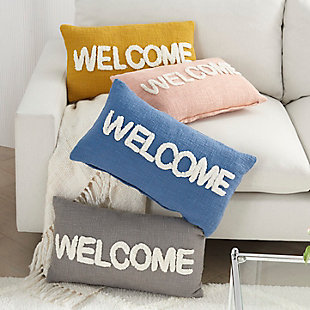 Add a cozy note of welcome with this decorative throw pillow from mina victory home accents. It’s handmade with a softly tufted word graphic on a textured cotton cover, and filled to perfect plumpness. This playful pillow, crafted in blue with white embellishment, includes a zipper closure with soft polyfill insert.Handcrafted from 100% cotton | Soft polyfill insert | Softly tufted lettering | Zipper closure | Spot clean | Imported