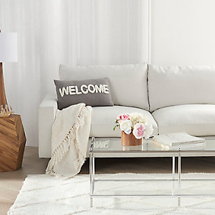 Add a cozy note of welcome with this decorative throw pillow from mina victory home accents. It’s handmade with a softly tufted word graphic on a textured cotton cover, and filled to perfect plumpness. This playful pillow, crafted in medium gray with white embellishment, includes a zipper closure with soft polyfill insert.Handcrafted from 100% cotton | Soft polyfill insert | Softly tufted lettering | Zipper closure | Spot clean | Imported