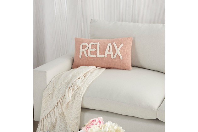Sit back and chill with positive affirmation from this delightful pillow by mina victory home accents. It’s handmade with a softly tufted word graphic on a textured cotton cover, and filled to perfect plumpness. This playful pillow, crafted in an elegant blush pink with white embellishment, includes a zipper closure with soft polyfill insert.Handcrafted from 100% cotton | Soft polyfill insert | Softly tufted lettering | Zipper closure | Spot clean | Imported