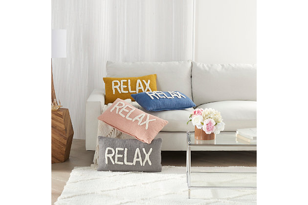 Sit back and chill with positive affirmation from this delightful pillow by mina victory home accents. It’s handmade with a softly tufted word graphic on a textured cotton cover, and filled to perfect plumpness. This playful pillow, crafted in a sophisticated gray with white embellishment, includes a zipper closure with soft polyfill insert.Handcrafted from 100% cotton | Soft polyfill insert | Softly tufted lettering | Zipper closure | Spot clean | Imported