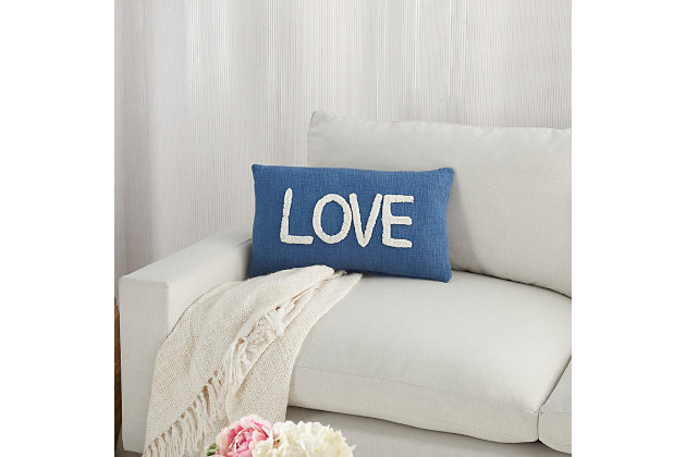 You’ll feel the love when you recline in style with this chic throw pillow from mina victory home accents. It’s handmade with a softly tufted word graphic on a textured cotton cover, and filled to perfect plumpness. This playful pillow, crafted in blue with white embellishment, includes a zipper closure with soft polyfill insert.Handcrafted from 100% cotton | Soft polyfill | Softly tufted lettering | Zipper closure | Spot clean | Imported