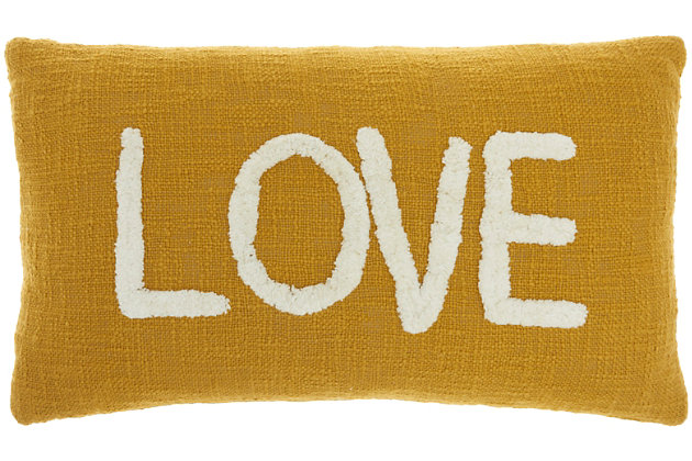 You’ll feel the love when you recline in style with this chic throw pillow from mina victory home accents. It’s handmade with a softly tufted word graphic on a textured cotton cover, and filled to perfect plumpness. This playful pillow, crafted in mustard yellow with white embellishment, includes a zipper closure with soft polyfill insert.Handcrafted from 100% cotton | Soft polyfill | Softly tufted lettering | Zipper closure | Spot clean | Imported