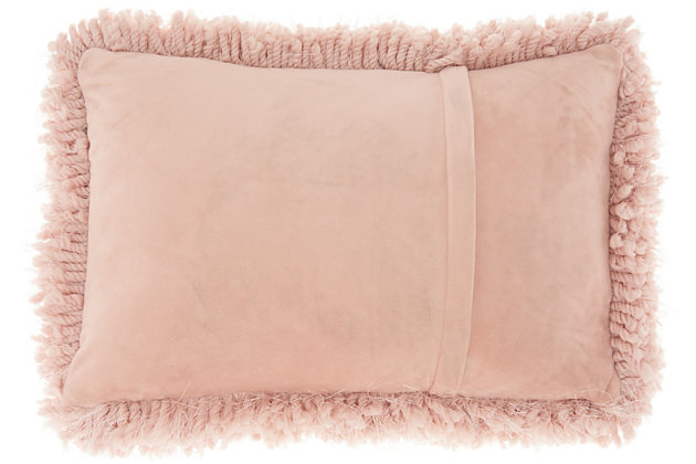 Made for cuddling, this groovy oblong shag throw pillow from Mina Victory Home Accents adds mod style to your living room or bedroom. Easy to coordinate with in a rose pink tone, its plush face combines nubby, boucle-style fibers and strings of yarn for a fun textural feel. This contemporary design is crafted from polyester with a soft polyfill insert. Pattern appears on face only.Made of 100% polyester | Soft polyfill insert | Plush yarn shag face | Zipper closure | Pattern appears on face only | Imported