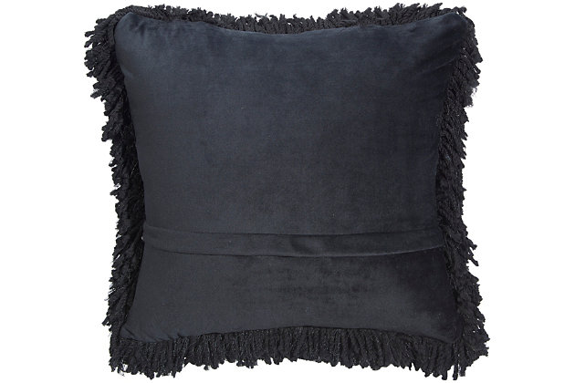 Made for cuddling, this groovy shag throw pillow from mina victory home accents adds mod style to your living room or bedroom. Easy to coordinate with in a solid black tone, its plush face combines nubby, boucle-style fibers and strings of yarn for a fun textural feel. This contemporary design is crafted from polyester with a soft polyfill insert. Pattern appears on face only.Made of 100% polyester | Soft polyfill insert | Plush yarn shag face | Zipper closure | Pattern appears on face only | Imported
