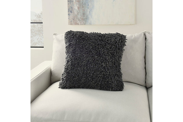 Made for cuddling, this groovy shag throw pillow from mina victory home accents adds mod style to your living room or bedroom. Easy to coordinate with in a charcoal tone, its plush face combines nubby, boucle-style fibers and strings of yarn for a fun textural feel. This contemporary design is crafted from polyester with a soft polyfill insert. Pattern appears on face only.Made of 100% polyester | Soft polyfill insert | Plush yarn shag face | Zipper closure | Pattern appears on face only | Imported