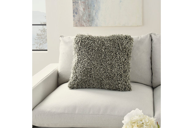 Made for cuddling, this groovy shag throw pillow from mina victory home accents adds mod style to your living room or bedroom. Easy to coordinate with in a sage green tone, its plush face combines nubby, boucle-style fibers and strings of yarn for a fun textural feel. This contemporary design is crafted from polyester with a soft polyfill insert. Pattern appears on face only.Made of 100% polyester | Soft polyfill insert | Plush yarn shag face | Zipper closure | Pattern appears on face only | Imported