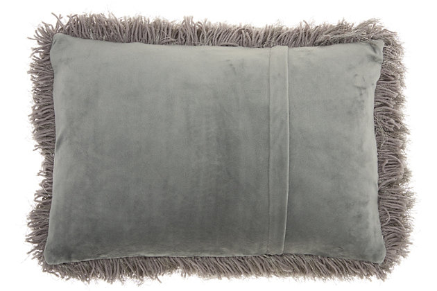 Snuggle up to the comfy, ultra-plush texture of this groovy oblong shag throw pillow from Mina Victory Home Accents. With a perfectly simple, fuzzy front and velvety soft back in charcoal gray, it adds just the right mix of functionality and style. Strips of slender, shimmering yarns add a delicate sheen to its modern design. Includes a cozy polyester insert and zipper closure.Made of 100% polyester | Soft polyfill insert | Plush yarn shag face | Reverses to soft back | Zipper closure | Imported