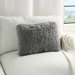 Snuggle up to the comfy, ultra-plush texture of this groovy oblong shag throw pillow from Mina Victory Home Accents. With a perfectly simple, fuzzy front and velvety soft back in charcoal gray, it adds just the right mix of functionality and style. Strips of slender, shimmering yarns add a delicate sheen to its modern design. Includes a cozy polyester insert and zipper closure.Made of 100% polyester | Soft polyfill insert | Plush yarn shag face | Reverses to soft back | Zipper closure | Imported