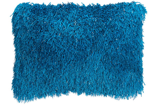 Snuggle up to the comfy, ultra-plush texture of this groovy oblong shag throw pillow from mina victory home accents. With a perfectly simple, fuzzy front and velvety soft back in teal blue, it adds just the right mix of functionality and style. Strips of slender, shimmering yarns add a delicate sheen to its modern design. Includes a cozy polyester insert and zipper closure.Made of 100% polyester | Soft polyfill insert | Plush yarn shag face | Reverses to soft back | Zipper closure | Imported