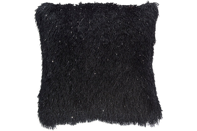 Snuggle up to the comfy, ultra-plush texture of this groovy shag throw pillow from mina victory home accents. With a perfectly simple, fuzzy front and velvety soft back in black, it adds just the right mix of functionality and style. Strips of slender, shimmering yarns add a delicate sheen to its modern design. Includes a cozy polyester insert and zipper closure.Made of 100% polyester | Soft polyfill insert | Plush yarn shag face | Reverses to soft back | Zipper closure | Imported
