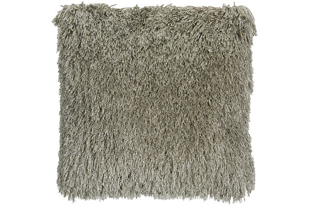 Snuggle up to the comfy, ultra-plush texture of this groovy shag throw pillow from mina victory home accents. With a perfectly simple, fuzzy front and velvety soft back in sage green, it adds just the right mix of functionality and style. Strips of slender, shimmering yarns add a delicate sheen to its modern design. Includes a cozy polyester insert and zipper closure.Made of 100% polyester | Soft polyfill insert | Plush yarn shag face | Reverses to soft back | Zipper closure | Imported