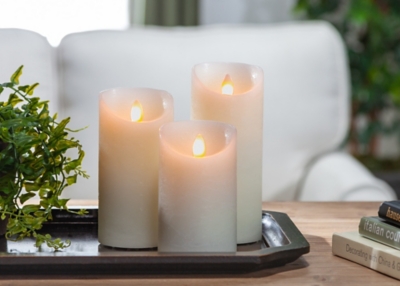 LED Pillar Candles with Aurora Flame and Remote Control Set of 3, Bisque