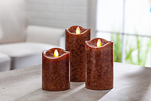 Brown Led Pillar Candles With Aurora® Flame And Remote Control (set Of 3), , rollover