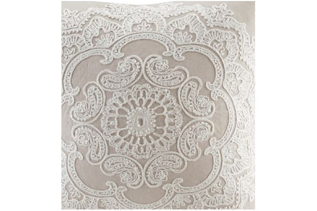 The Harbor House Suzanna Embroidered Medallion Square Pillow adds a beautiful traditional touch to your decor. A large and intricate medallion is beautifully displayed in chain stitch embroidery on a rich taupe ground. Made with cotton faux linen, this decorative pillow has a natural look and feel that will beautifully accent your bed or sofa. A hidden zipper secures the soft filling and gives this square pillow a clean, seamless edge.Cover made of cotton faux linen  | Soft polyfill insert | Chain stitch embroidery  | Hidden zipper closure | Coordinates with other accessories in the Harbor House Suzanna Collection (sold separately) for a complete look | Imported | Spot clean