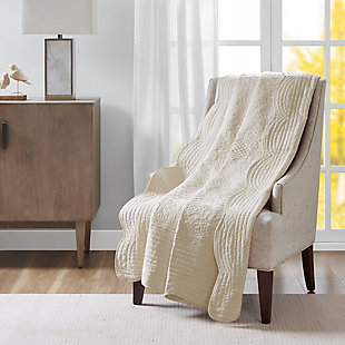 Tuscany is the perfect quilted throw for a new solid look. The decorative stitch pattern pairs easily with your existing decor while the beautiful scalloped edges add a casually elegant element. This oversized throw in a cream shade is filled with soft cotton for extra comfort and features a polyester microfiber fabrication on the front and back. Its prewashed finish gives this decorative throw a worn aesthetic that adds to its cozy appeal. Made of polyester microfiber | Soft cotton fill  | Quilted pattern on face and reverse  | Scalloped edges | Oversized; 60" x 72" | Imported | Machine wash cold, gentle cycle; tumble dry low