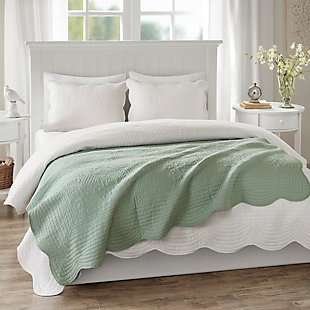 The Madison Park Tuscany Quilted Throw is perfect for a new luxurious look. The decorative stitch pattern pairs easily with your existing decor and adds a stylish element with beautiful scalloped edges. Made from a soft polyester microfiber, this quilted throw in soothing seafoam green is filled with a cotton blend for extra comfort and warmth. Its prewashed finish gives this oversized throw a worn aesthetic for added charm. Made with polyester microfiber | Soft cotton and olefin fill  | Quilted pattern on face and reverse  | Scalloped edges | Oversized; 60" x 72" | Imported | Machine wash gentle cycle; tumble dry low
