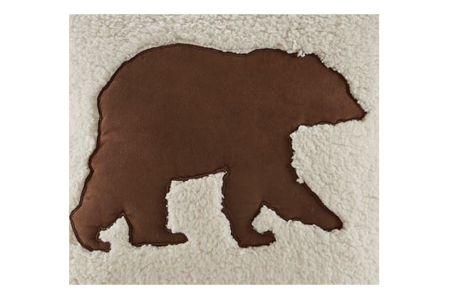 Accent your rustic retreat with the Hadley Bear Berber Square Pillow. The face of this decorative pillow features an appliqued brown bear surrounded by soft ivory Berber, while the back features the same soft fabric for twice the coziness. This decorative pillow is sure to add charm and texture to your sofa or bed.Made of polyester  | Soft polyfill insert | Brown bear applique on face with ivory polyester; reverse with ivory polyester  | Coordinates with the Woolrich Hadley Plaid Collection (sold separately) | Imported | Spot clean only