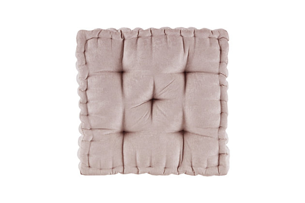 Create a cozy retreat anywhere in your home with the Intelligent Design Azza Chenille Square Floor Pillow. It features a soft blush color for the perfect feminine flair, while the richly-textured polyester chenille creates a light, natural luster sure to catch your eye. Tufted detailing and a scalloped edge create a charming and unique touch, while its soft filling provides simple comfort. Versatile and simple to layer, this floor pillow is an easy addition to any space. Made with polyester chenille  | Soft polyfill | Richly-textured, lustrous fabric in a soft blush color  | Tufted detailing  | Scalloped edge design  | Imported | Spot clean