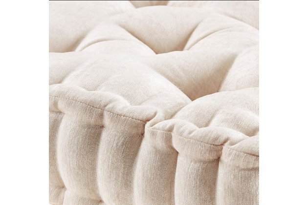 Create a cozy retreat anywhere in your home with the Intelligent Design Azza Chenille Square Floor Pillow. It features a soft ivory color for the perfect feminine flair, while the richly-textured polyester chenille creates a light, natural luster sure to catch your eye. Tufted detailing and a scalloped edge create a charming and unique touch, while its soft filling provides simple comfort. Versatile and simple to layer, this floor pillow is an easy addition to any space. Made with polyester chenille  | Soft polyfill | Richly-textured, lustrous fabric in a soft ivory color  | Tufted detailing  | Scalloped edge design  | Imported | Spot clean