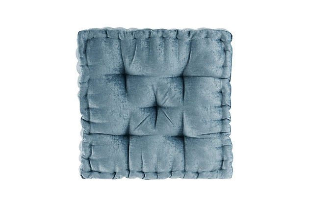 Create a cozy retreat anywhere in your home with the Intelligent Design Azza Chenille Square Floor Pillow. It features a soft aqua color for the perfect feminine flair, while the richly-textured polyester chenille creates a light, natural luster sure to catch your eye. Tufted detailing and a scalloped edge create a charming and unique touch, while its soft filling provides simple comfort. Versatile and simple to layer, this floor pillow is an easy addition to any space. Made with polyester chenille  | Soft polyfill | Richly-textured, lustrous fabric in a soft aqua color  | Tufted detailing  | Scalloped edge design  | Imported | Spot clean