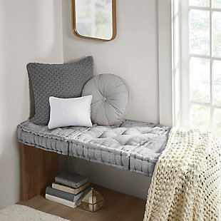 Create a cozy retreat anywhere in your home with the Intelligent Design Azza Chenille Square Floor Pillow. It features a soft gray color for the perfect feminine flair, while the richly-textured polyester chenille creates a light, natural luster sure to catch your eye. Tufted detailing and a scalloped edge create a charming and unique touch, while its soft filling provides simple comfort. Versatile and simple to layer, this floor pillow is an easy addition to any space. Made with polyester chenille  | Soft polyfill | Richly-textured, lustrous fabric in a soft gray color  | Tufted detailing  | Scalloped edge design  | Imported | Spot clean