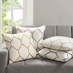 The Madison Park Brooklyn decorative pillow set provides a stylish and modern update for any room. A gray metallic geometric pattern is embroidered on a natural-toned, textured fabric for a subtle and perfect combination of urban glitz. Featuring a hidden zipper closure for a clean edge, these decorative pillows come as a pair for the perfect addition to your decor. Set of 2  | Made with polyester and linen  | Soft polyfill | Textured base; gray metallic embroidery in a geometric design  | Hidden zipper closure and non- woven insert lining | OEKO-TEX® Certified; includes no harmful substances or chemicals, ensuring comfort and wellness | Coordinating curtain panel available; sold separately | Imported | Machine washable