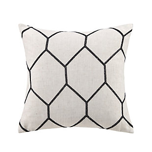 The Madison Park Brooklyn decorative pillow set provides a stylish and modern update for any room. A black metallic geometric pattern is embroidered on a natural-toned, textured fabric for a subtle and perfect combination of urban glitz. Featuring a hidden zipper closure for a clean edge, these decorative pillows come as a pair for the perfect addition to your decor. Set of 2  | Made with polyester and linen  | Soft polyfill | Textured base; black metallic embroidery in a geometric design  | Hidden zipper closure and non- woven insert lining | OEKO-TEX® Certified; includes no harmful substances or chemicals, ensuring comfort and wellness | Coordinating curtain panel available; sold separately | Imported | Machine washable