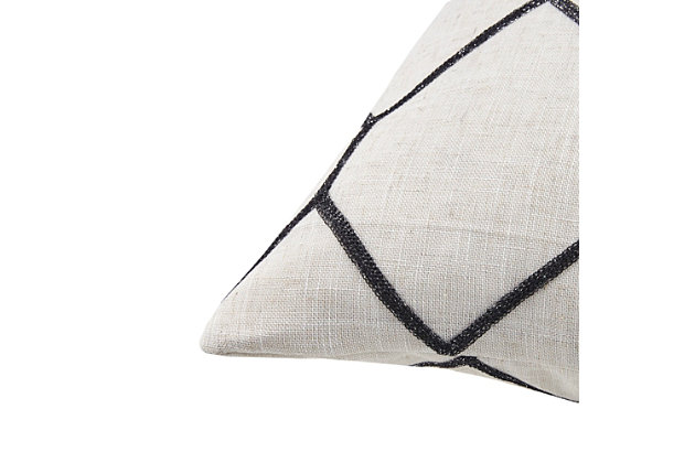 The Madison Park Brooklyn decorative pillow set provides a stylish and modern update for any room. A black metallic geometric pattern is embroidered on a natural-toned, textured fabric for a subtle and perfect combination of urban glitz. Featuring a hidden zipper closure for a clean edge, these decorative pillows come as a pair for the perfect addition to your decor. Set of 2  | Made with polyester and linen  | Soft polyfill | Textured base; black metallic embroidery in a geometric design  | Hidden zipper closure and non- woven insert lining | OEKO-TEX® Certified; includes no harmful substances or chemicals, ensuring comfort and wellness | Coordinating curtain panel available; sold separately | Imported | Machine washable