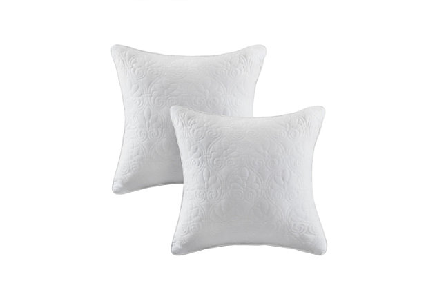 With a refreshing take on texture, the Quebec Quilted Square Pillow Set in white is the perfect touch. Its classic stitch pattern pairs easily with your existing decor and is sure to add a charming new element to your space. Measuring 20 inches by 20 inches, these square pillows feature a solid reverse, piping detail and soft polyester fill for simple comfort.Set of 2  | Made with polyester microfiber in white | Soft polyfill | Quilted in a classic stitch pattern  | Solid reverse | Piping detail around the edges | Coordinates with the matching coverlet quilt Collection (sold separately)  | Imported | Spot clean only