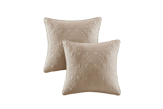 With a refreshing take on texture, the Quebec Quilted Square Pillow Set in khaki is the perfect touch. Its classic stitch pattern pairs easily with your existing decor and is sure to add a charming new element to your space. Measuring 20 inches by 20 inches, these square pillows feature a solid reverse, piping detail and soft polyester fill for simple comfort.Set of 2  | Made with polyester microfiber in khaki | Soft polyfill | Quilted in a classic stitch pattern  | Solid reverse | Piping detail around the edges | Coordinates with the matching coverlet quilt collection (sold separately)  | Imported | Spot clean only