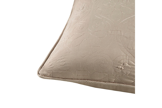 With a refreshing take on texture, the Quebec Quilted Square Pillow Set in khaki is the perfect touch. Its classic stitch pattern pairs easily with your existing decor and is sure to add a charming new element to your space. Measuring 20 inches by 20 inches, these square pillows feature a solid reverse, piping detail and soft polyester fill for simple comfort.Set of 2  | Made with polyester microfiber in khaki | Soft polyfill | Quilted in a classic stitch pattern  | Solid reverse | Piping detail around the edges | Coordinates with the matching coverlet quilt collection (sold separately)  | Imported | Spot clean only