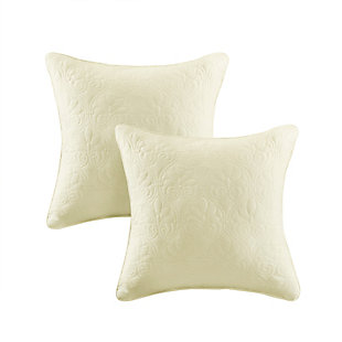With a refreshing take on texture, the Quebec Quilted Square Pillow Set in a soft yellow is the perfect touch. Its classic stitch pattern pairs easily with your existing decor and is sure to add a charming new element to your space. Measuring 20 inches by 20 inches, these square pillows feature a solid reverse, piping detail and soft polyester fill for simple comfort.Set of 2  | Made with polyester microfiber in yellow | Soft polyfill | Quilted in a classic stitch pattern  | Solid reverse | Piping detail around the edges | Coordinates with the matching coverlet quilt collection (sold separately)  | Imported | Spot clean only