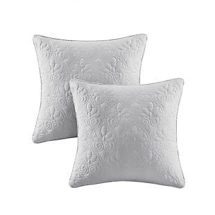 With a refreshing take on texture, the Quebec Quilted Square Pillow Set in a soft gray is the perfect touch. Its classic stitch pattern pairs easily with your existing decor and is sure to add a charming new element to your space. Measuring 20 inches by 20 inches, these square pillows feature a solid reverse, piping detail and soft polyester fill for simple comfort.Set of 2  | Made with polyester microfiber in gray | Soft polyfill | Quilted in a classic stitch pattern  | Solid reverse | Piping detail around the edges | Coordinates with the matching coverlet quilt Collection (sold separately)  | Imported | Spot clean only