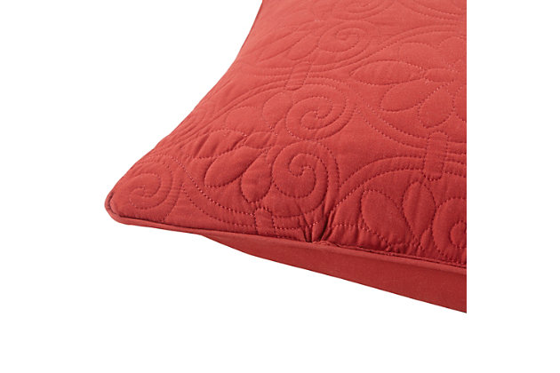 With a refreshing take on texture, the Quebec Quilted Square Pillow Set in a regal red is the perfect touch. Its classic stitch pattern pairs easily with your existing decor and is sure to add a charming new element to your space. Measuring 20 inches by 20 inches, these square pillows feature a solid reverse, piping detail and soft polyester fill for simple comfort.Set of 2  | Made with polyester microfiber in red | Soft polyfill | Quilted in a classic stitch pattern  | Solid reverse | Piping detail around the edges | Coordinates with the matching coverlet quilt Collection (sold separately)  | Imported | Spot clean only