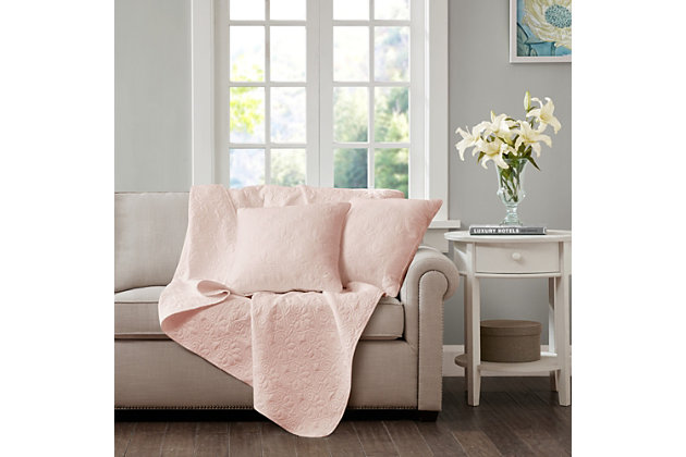 With a refreshing take on texture, the Quebec Quilted Square Pillow Set in a soft blush is the perfect touch. Its classic stitch pattern pairs easily with your existing decor and is sure to add a charming new element to your space. Measuring 20 inches by 20 inches, these square pillows feature a solid reverse, piping detail and soft polyester fill for simple comfort.Set of 2  | Made with polyester microfiber in soft blush | Soft polyfill | Quilted in a classic stitch pattern  | Solid reverse | Piping detail around the edges | Coordinates with the matching coverlet quilt Collection (sold separately)  | Imported | Spot clean only