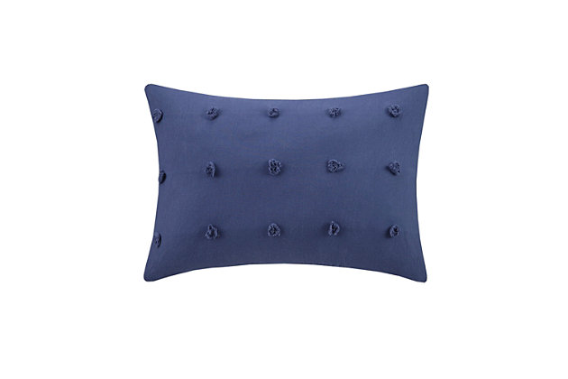 It's all in the details with the cool and chic Urban Habitat Brooklyn Pom-Pom Oblong Pillow. This soft indigo blue decorative pillow features small, allover pom-pom tufts, creating a beautiful texture and fresh tonal pattern. The cotton cover provides a natural touch for a casual and modern update, making this pillow a stylish addition to any space. Complete the look with coordinating valance, panel curtains and bedding. Made with cotton jacquard | Soft polyfill | Allover pom-pom tufts | Removable cover with hidden zipper closure | OEKO-TEX® Certified, includes no harmful substances or chemicals | Coordinating bedding, panel curtains, and valance available; sold separately | Imported | Machine washable